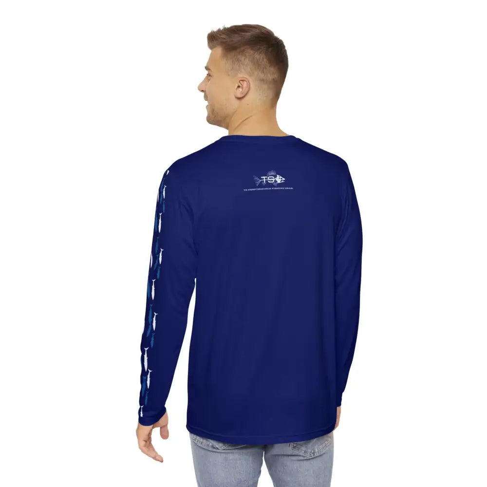 Men’s navy bluefin classic performance long-sleeve fishing shirt with tuna fish pattern