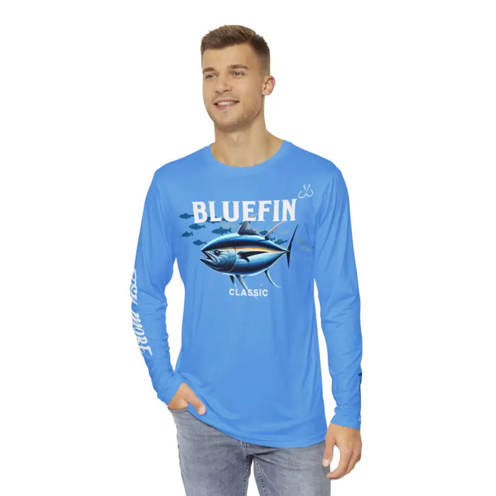 Men’s blue long-sleeve fishing shirt with tuna graphic, performance fishing shirt for climate control