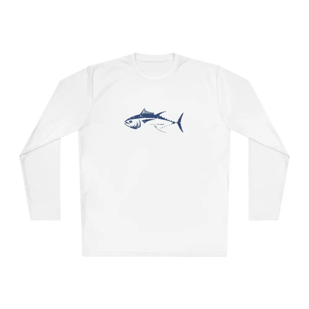 White long-sleeved Bluefin Tuna fishing shirt with UV protection