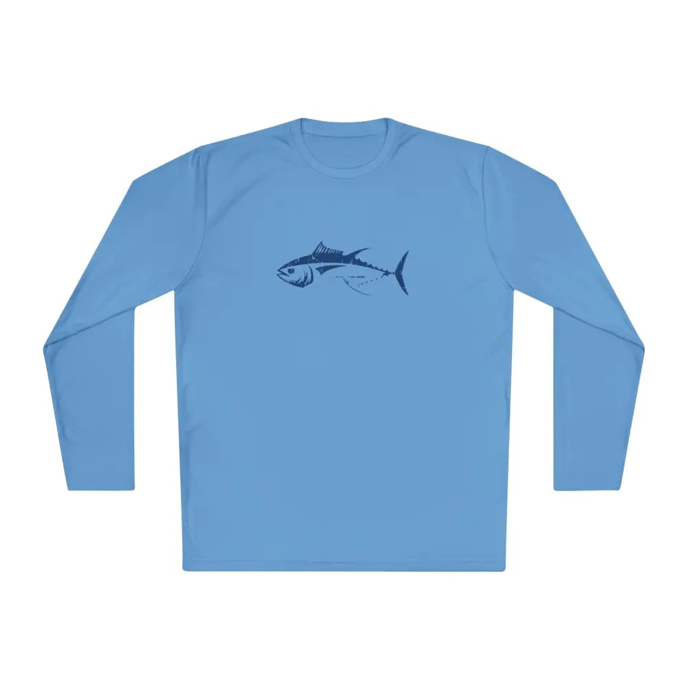 Light blue long sleeve UV protection fishing t-shirt with bluefin tuna graphic