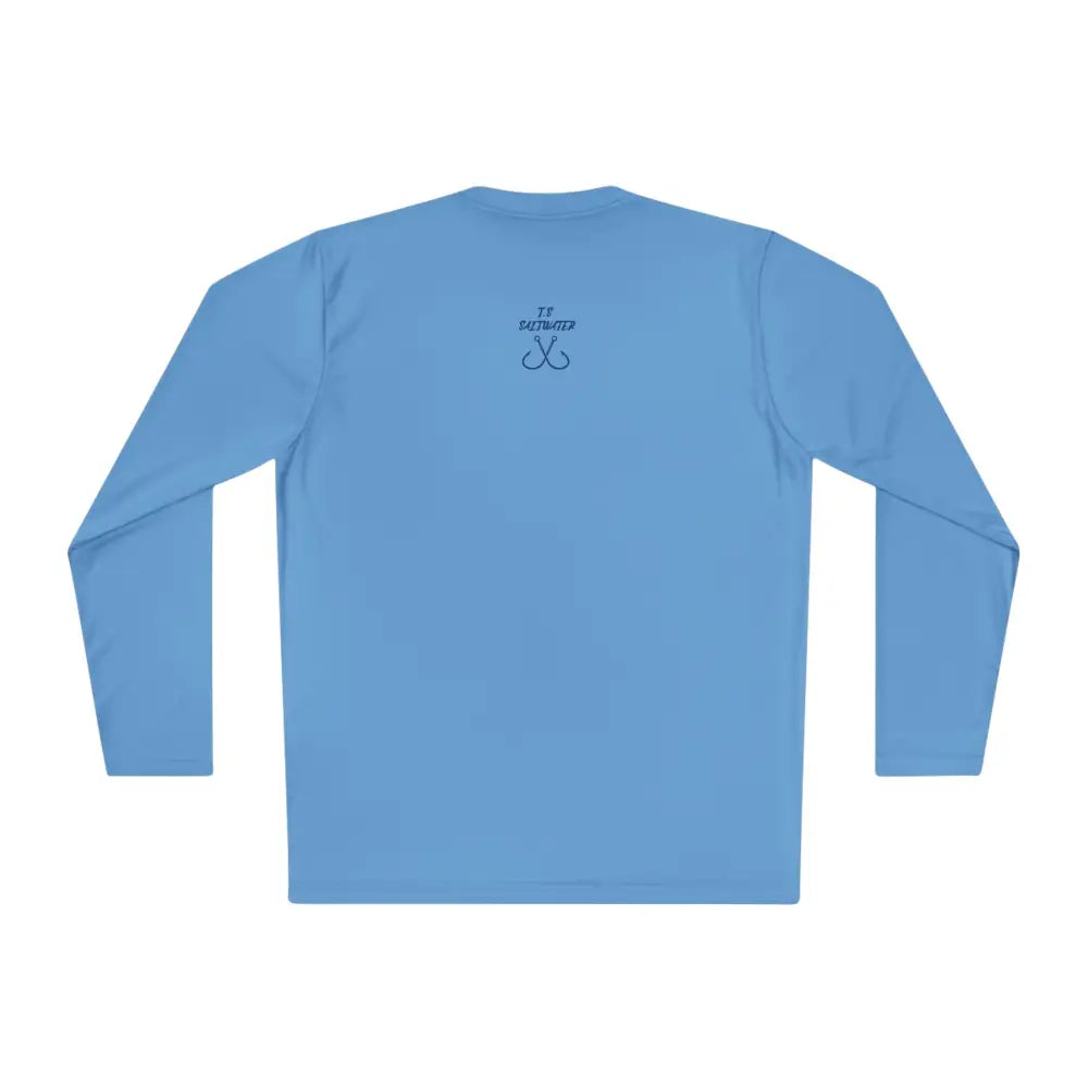 Light blue long sleeve UV protection fishing t-shirt with bluefin tuna graphic