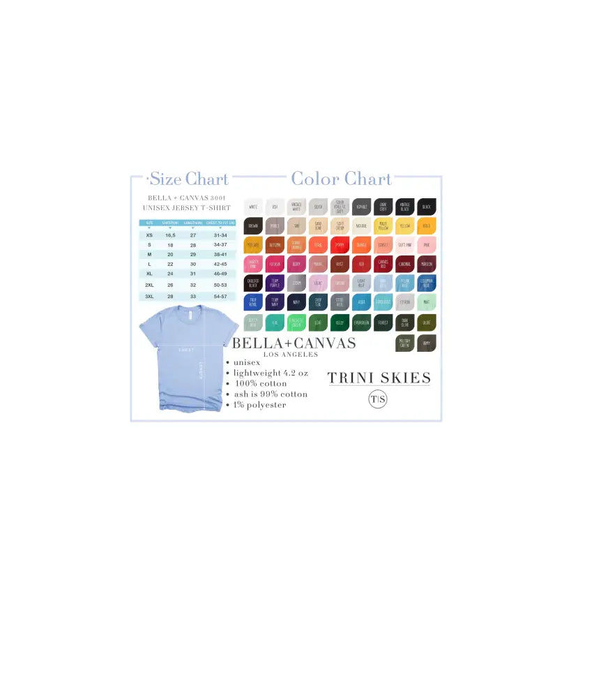 Bluefin Tuna Offshore Graphic T-Shirt size and color chart with light blue Bella+Canvas display