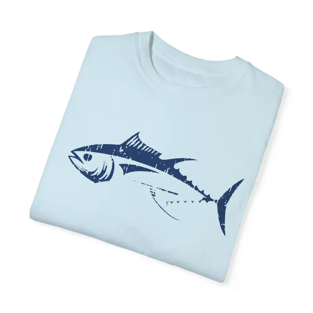 Light blue t-shirt with distressed bluefin tuna graphic for ocean lovers