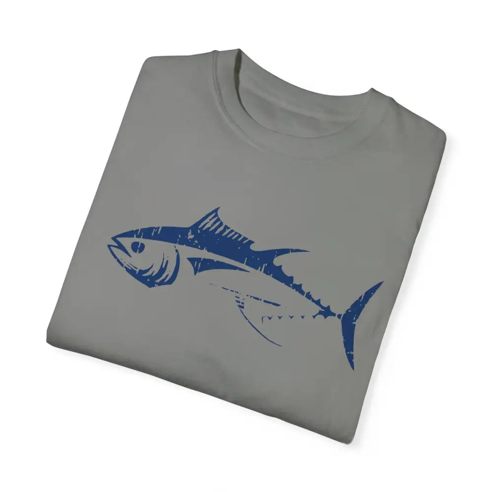 Folded gray short-sleeved bluefin tuna graphic t-shirt from Trini Skies