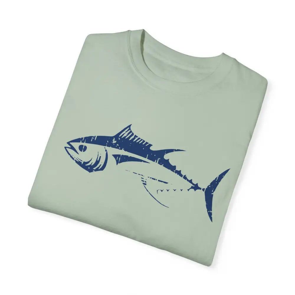 Light green folded t-shirt with bluefin tuna graphic for ocean lovers