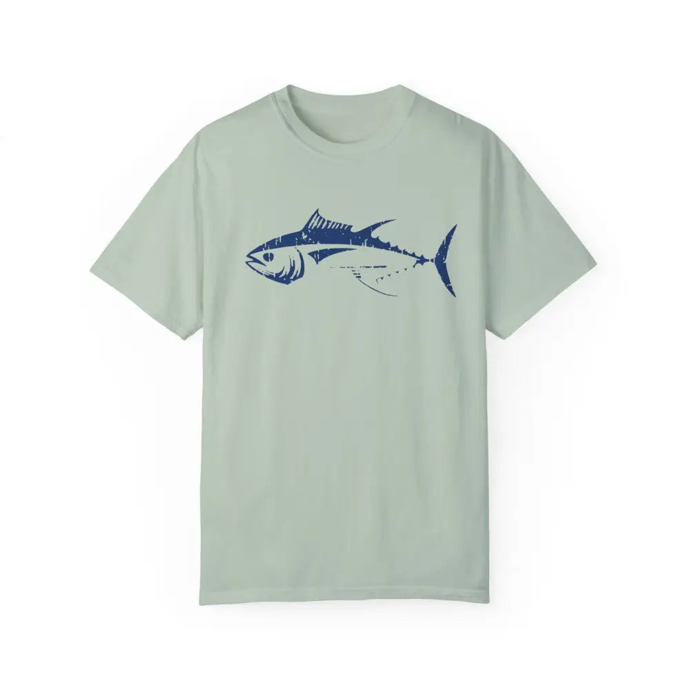 Light green short-sleeved t-shirt with bluefin tuna graphic for ocean lovers