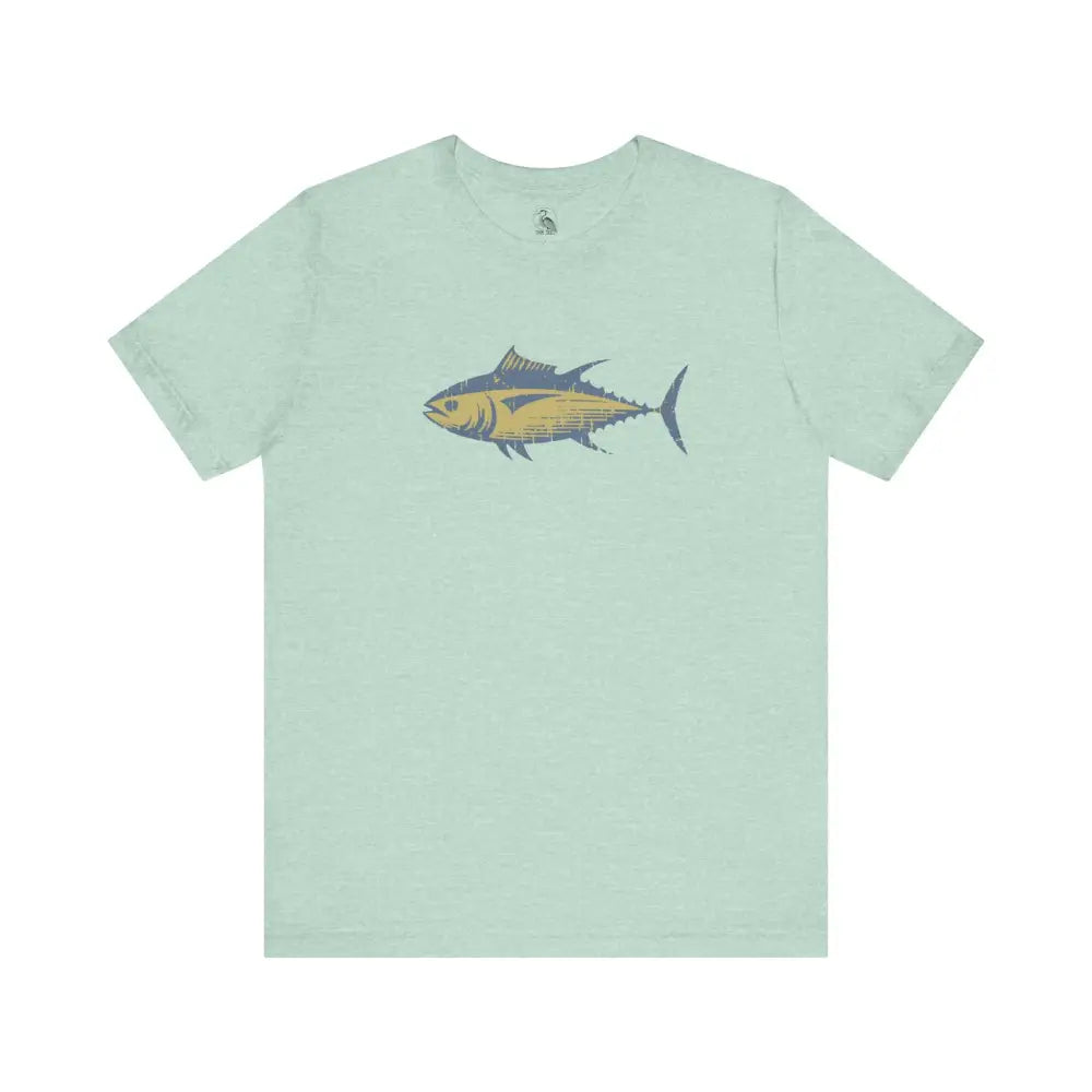 Light blue short-sleeve t-shirt with bluefin tuna graphic for ocean lovers