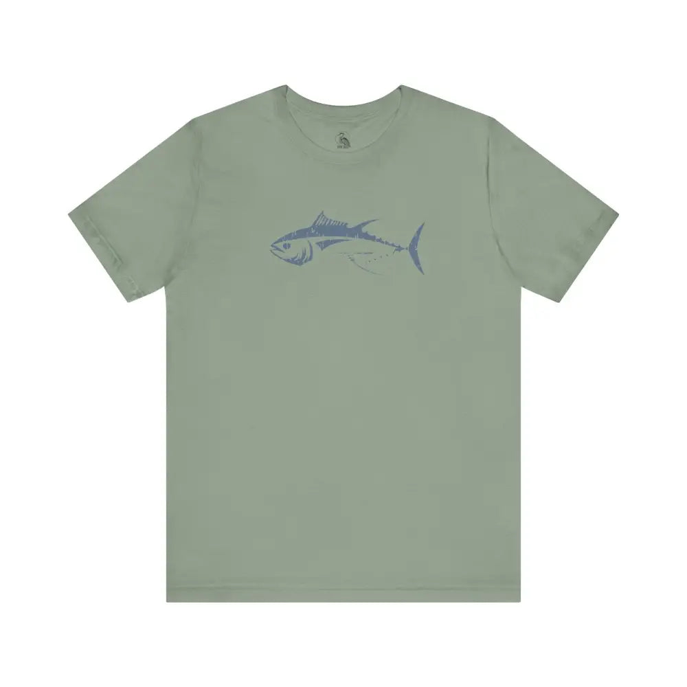 Sage green t-shirt with bluefin tuna graphic for ocean lovers