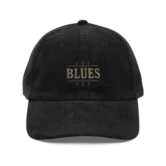 Blues embroidered corduroy hat in vintage outlaw-inspired cap style