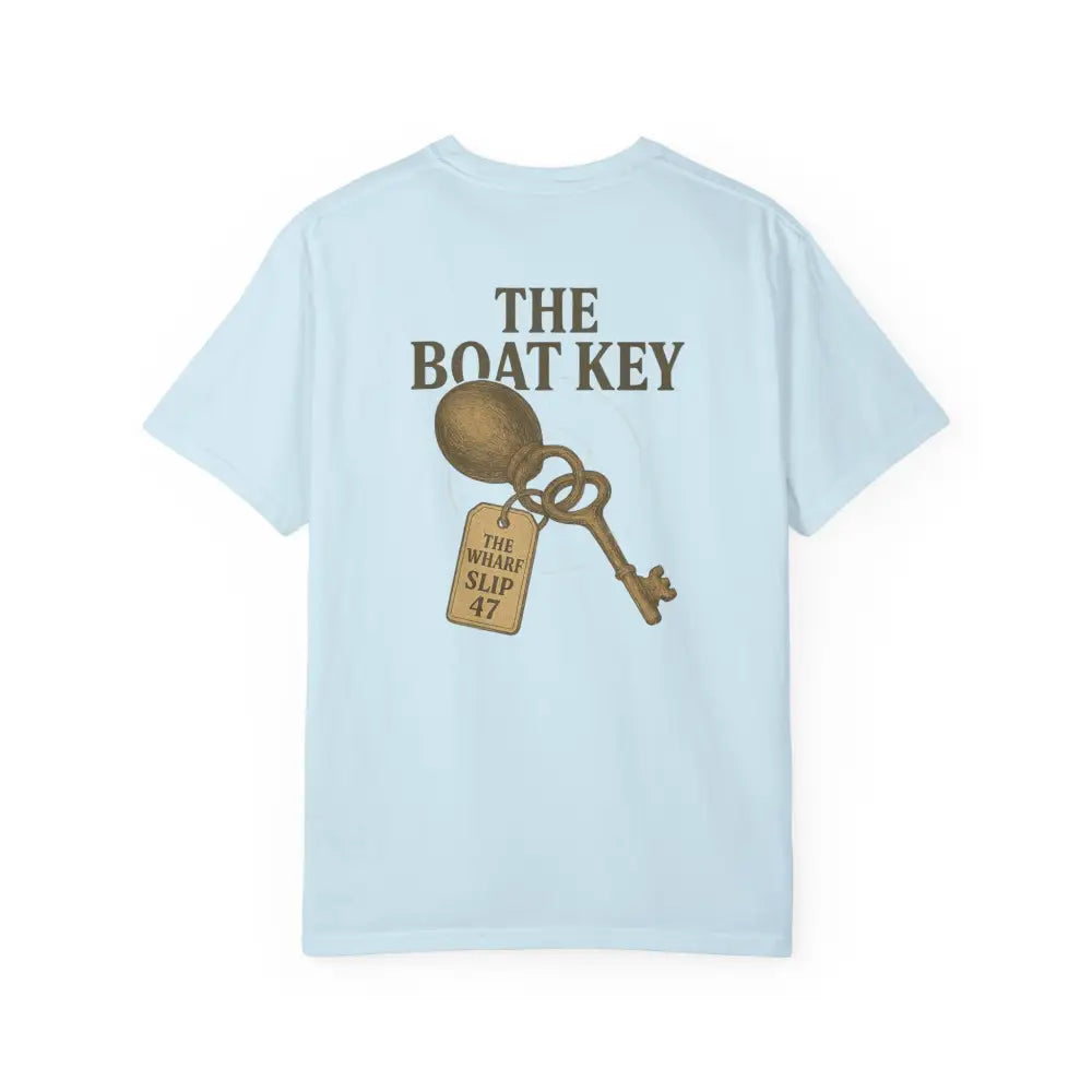 Boat Key Vintage Style Tee with light blue crewneck and wharf slip 47 key graphic