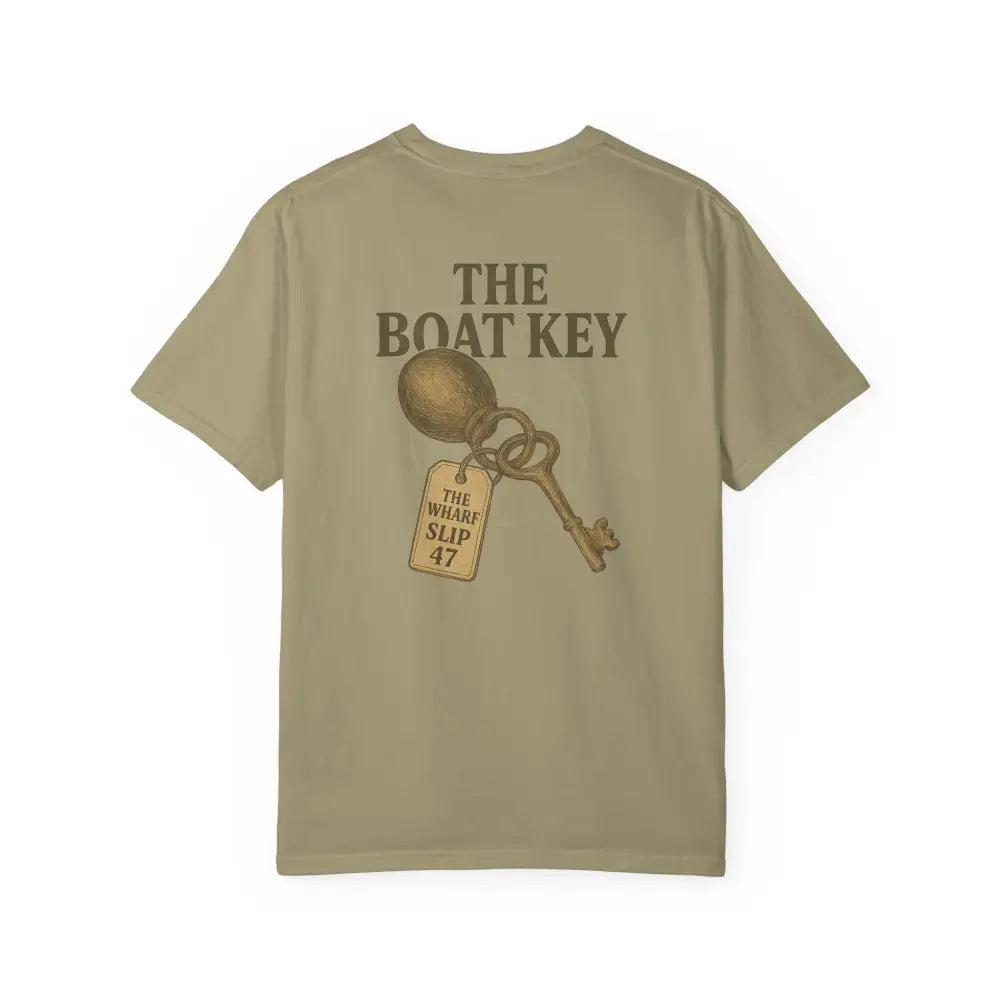 Boat Key vintage-style tee with olive green shirt, antique key graphic and Wharf Slip 47 tag