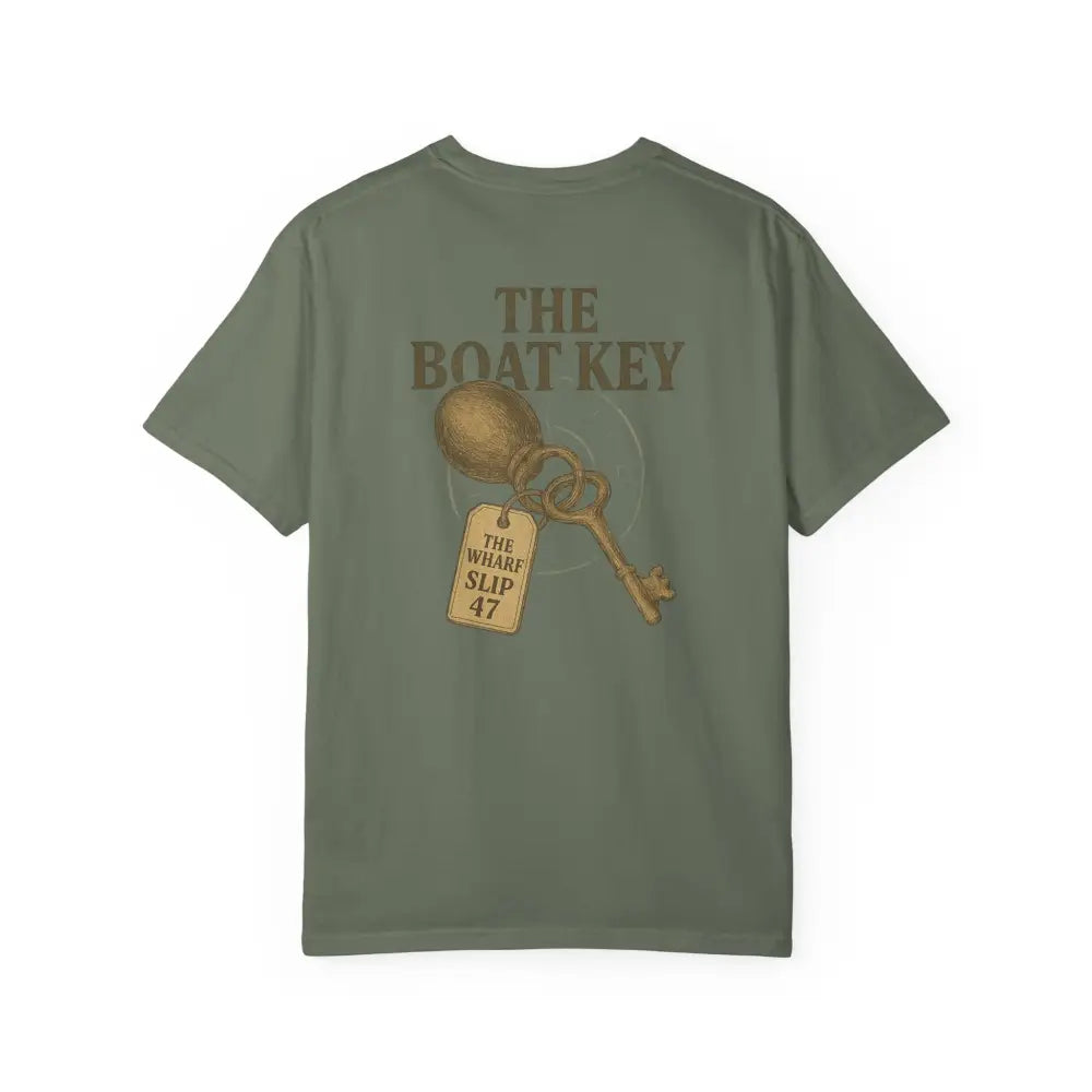 Boat Key vintage-style tee in olive green with The Boat Key graphic