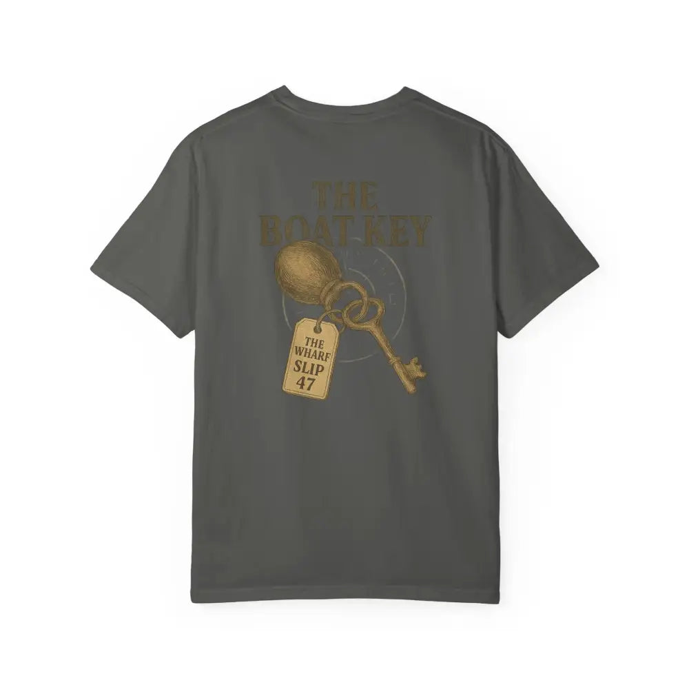 Boat Key vintage-style tee with gold key graphic on dark grey shirt