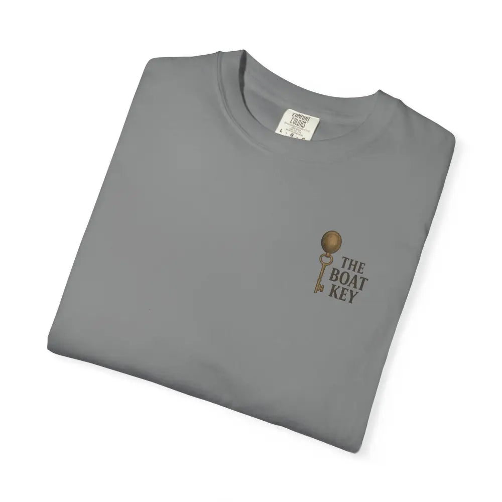 Boat Key Vintage-Style Tee with folded gray shirt and key text design