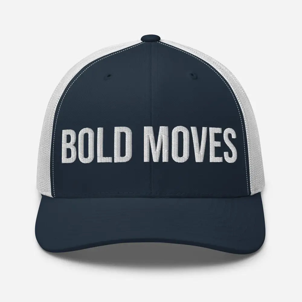 Navy blue and white mesh trucker hat with bold moves embroidered and Trini Skies logo