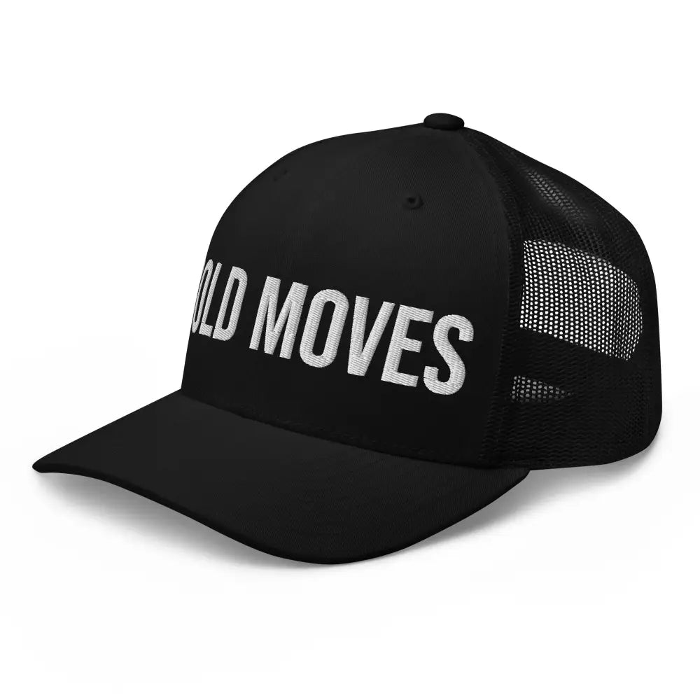 Black trucker cap with bold moves embroidered text and Trini Skies logo