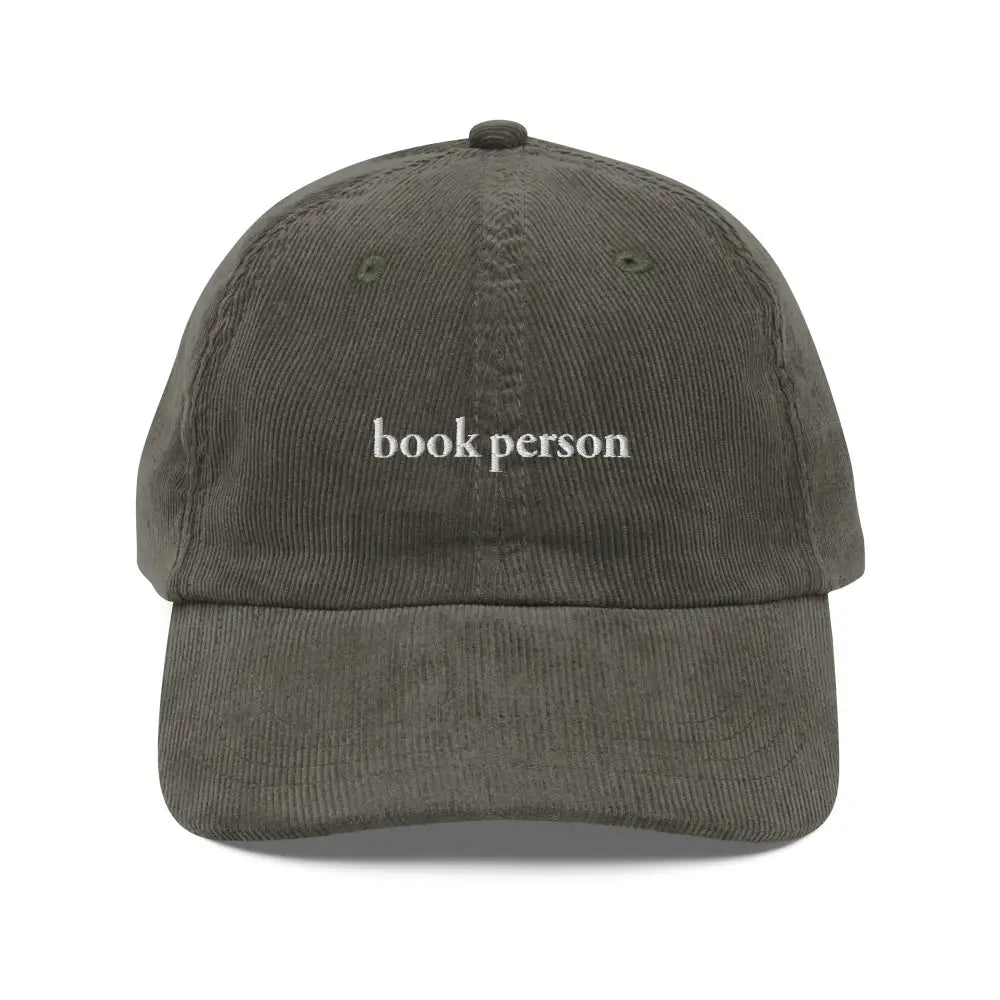 Olive green Trini Skies embroidered vintage corduroy cap with Book Person design