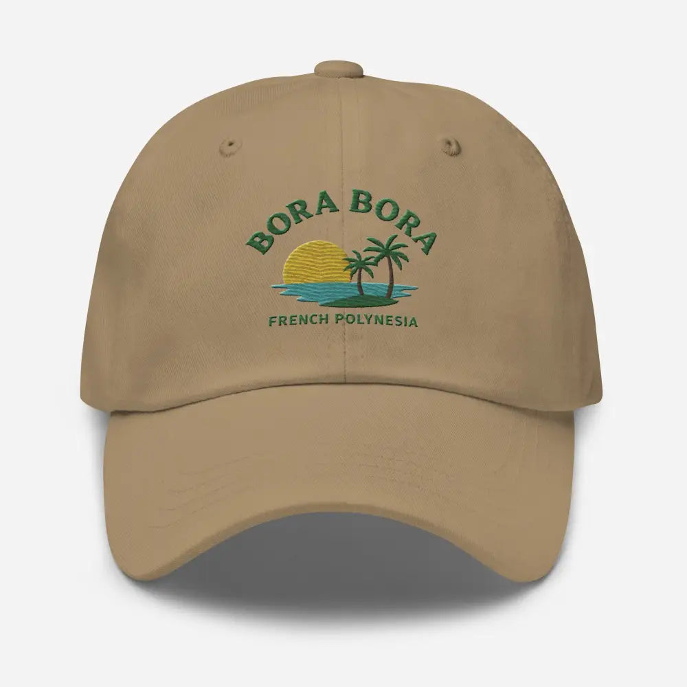 Beige embroidered corduroy baseball cap with tropical scene Bora Bora French Polynesia