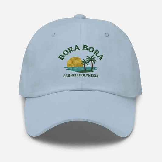 Light blue bora bora french embroidered corduroy baseball cap with tropical sunset design