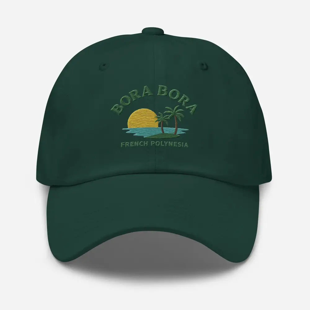 Dark green embroidered corduroy baseball cap with sunset and palm trees design bora bora french