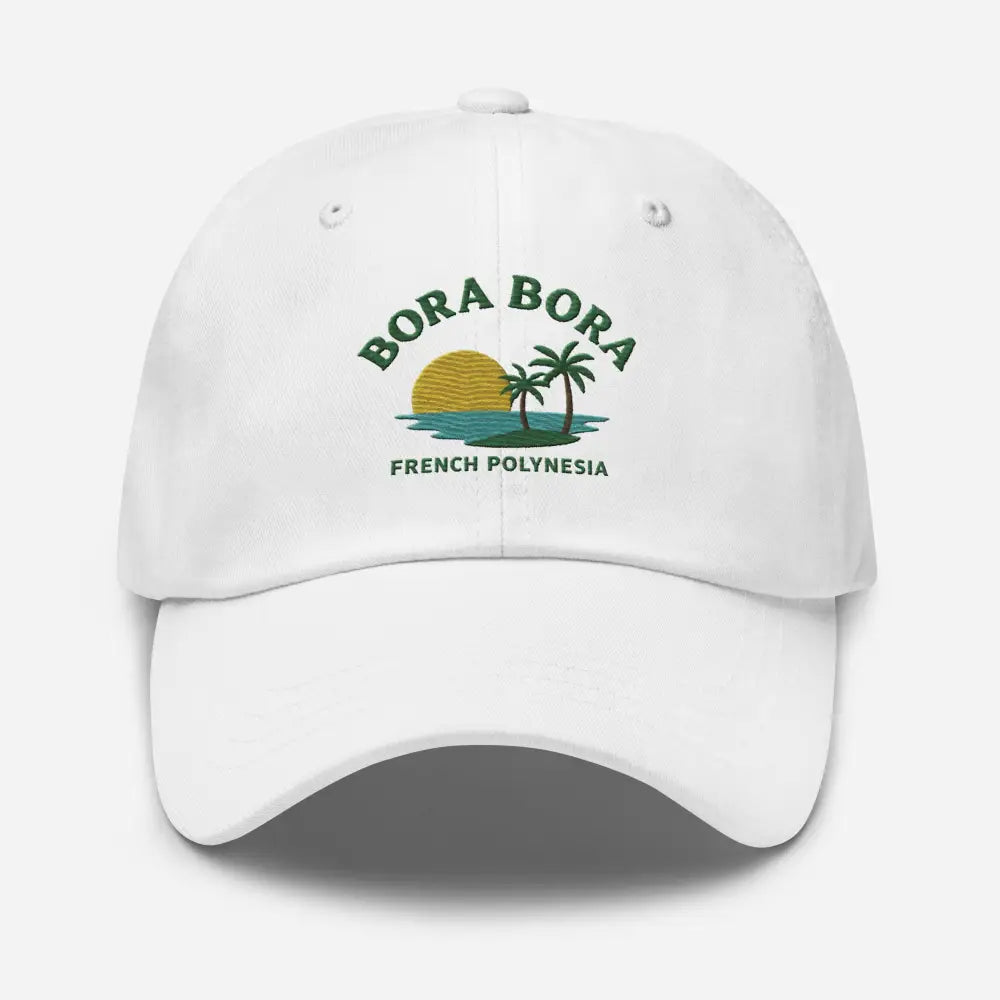 White embroidered corduroy baseball cap with tropical island design from Bora Bora French Polynesia