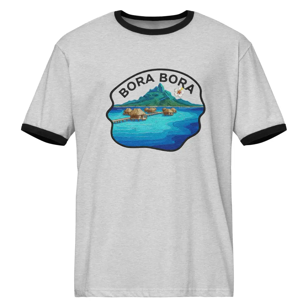 White Bora Bora resort ringer tee with vintage travel graphic