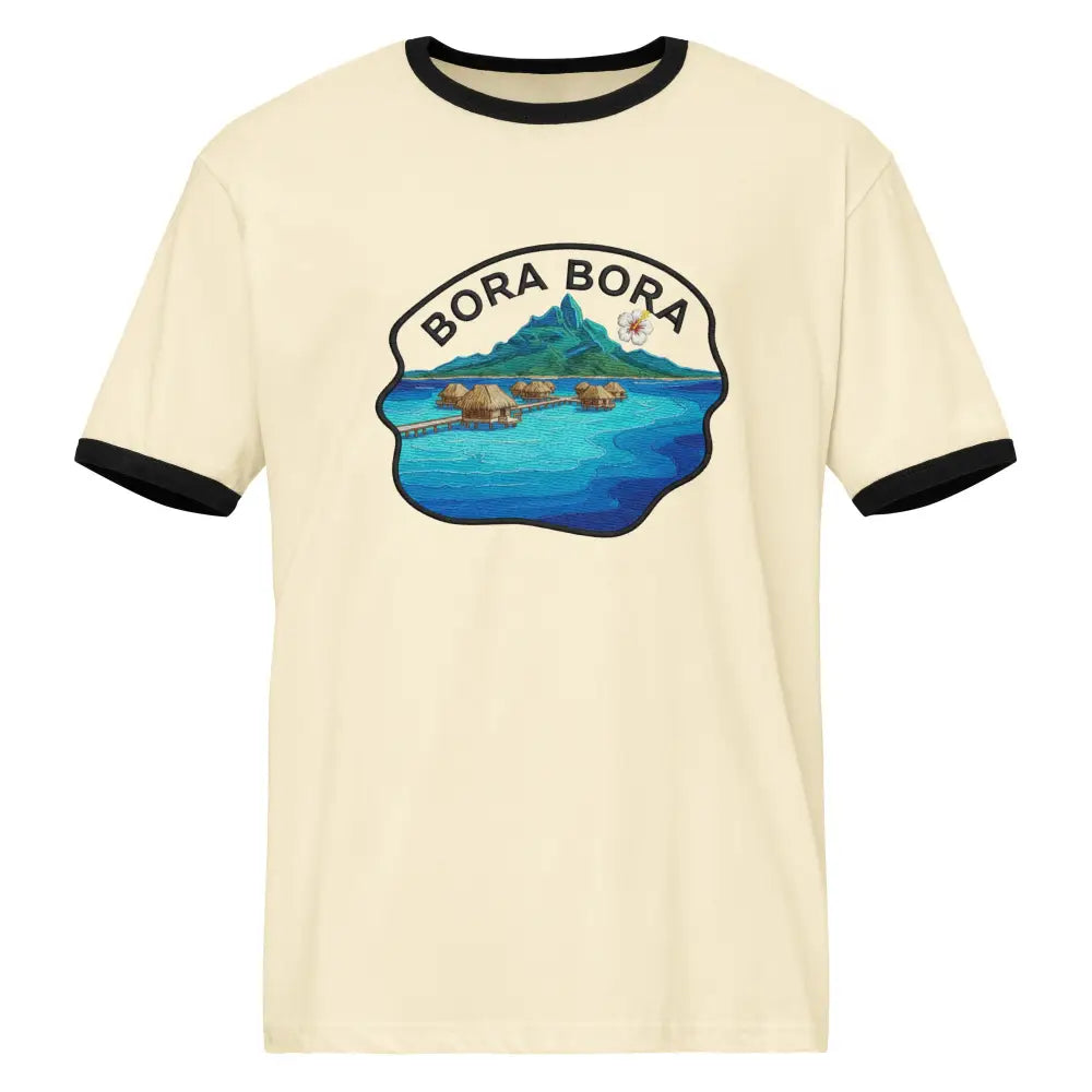 Cream-colored Bora Bora Resort ringer tee with vintage travel graphic