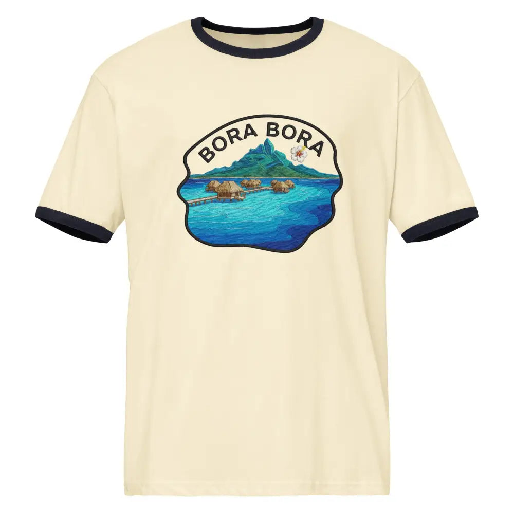 Cream-colored Bora Bora resort ringer tee with vintage travel graphic