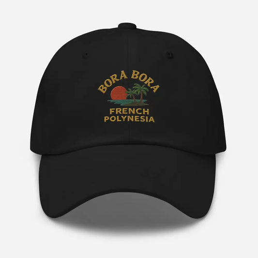 Black embroidered corduroy cap with Bora Bora French sunset design, perfect for make America great style