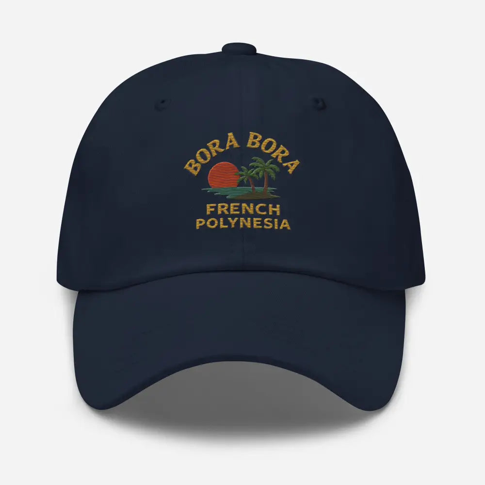 Dark blue bora bora french embroidered corduroy cap with tropical sunset design