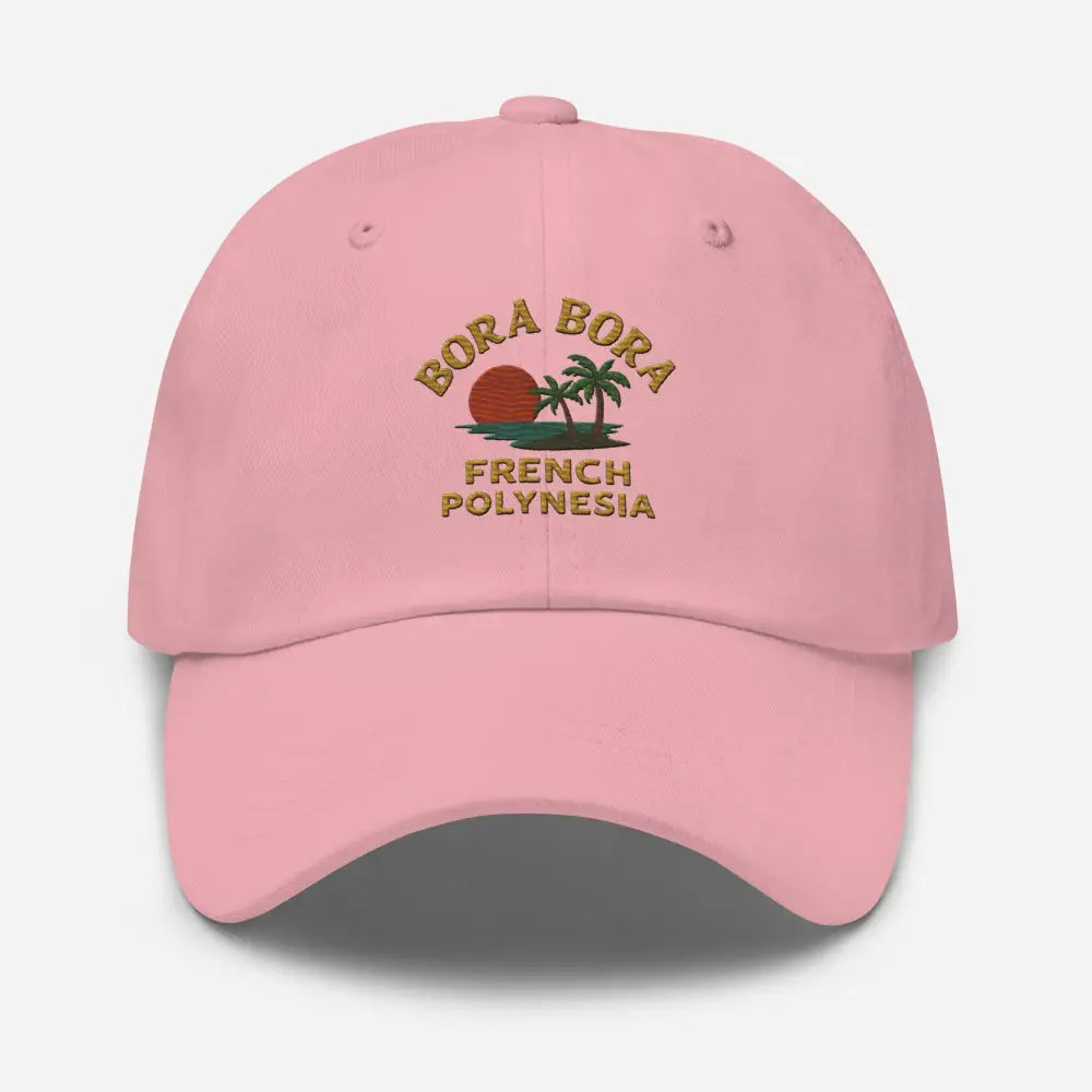 Pink Bora Bora French embroidered corduroy cap with sunset and palm tree design