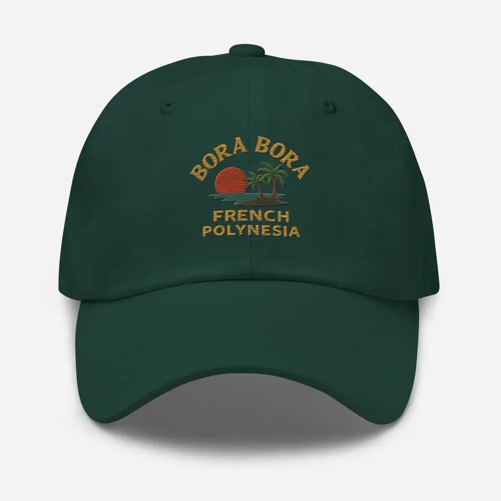 Dark green bora bora french embroidered corduroy cap with sunset and palm tree design