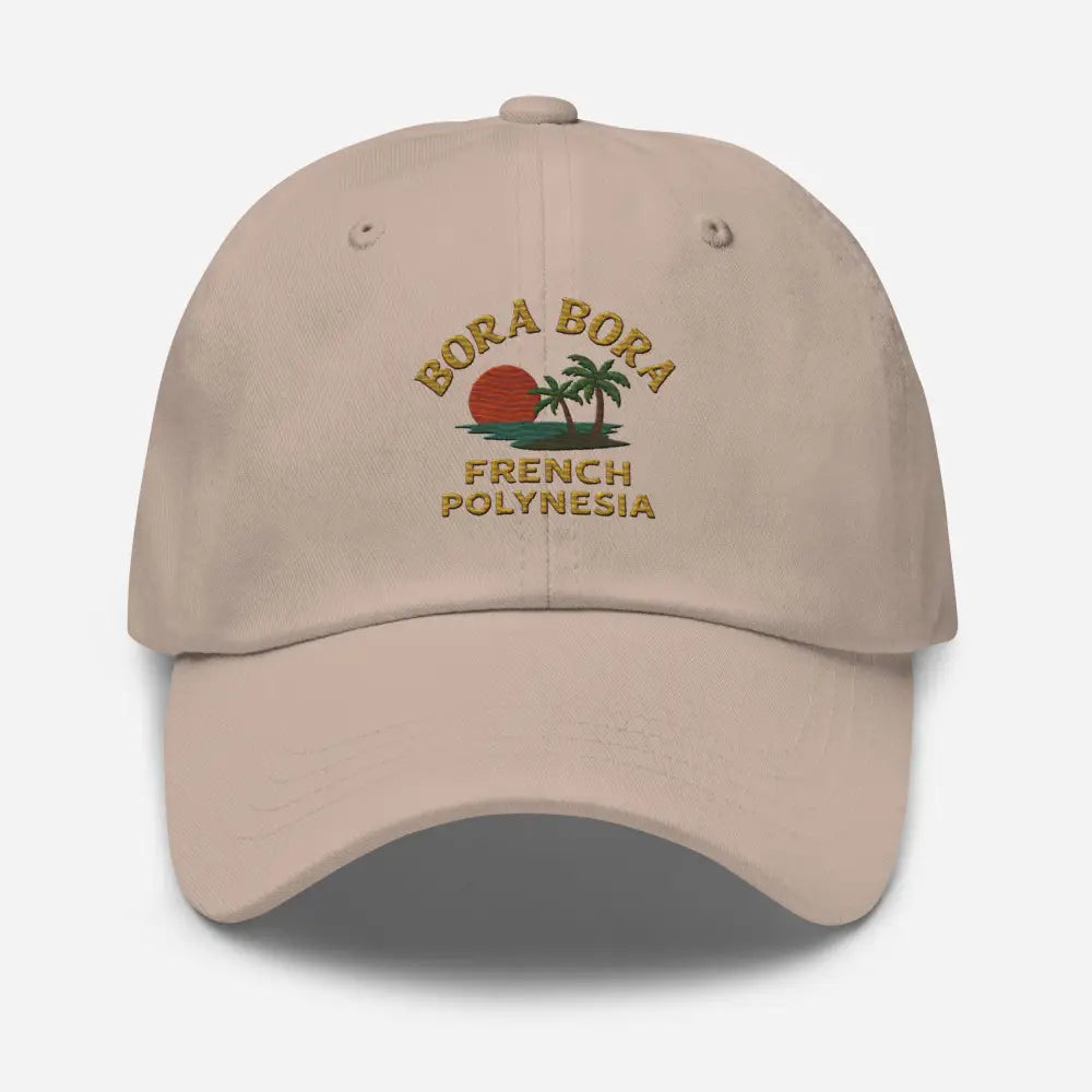 Light beige embroidered corduroy cap with Bora Bora French Polynesia sunset and palm design