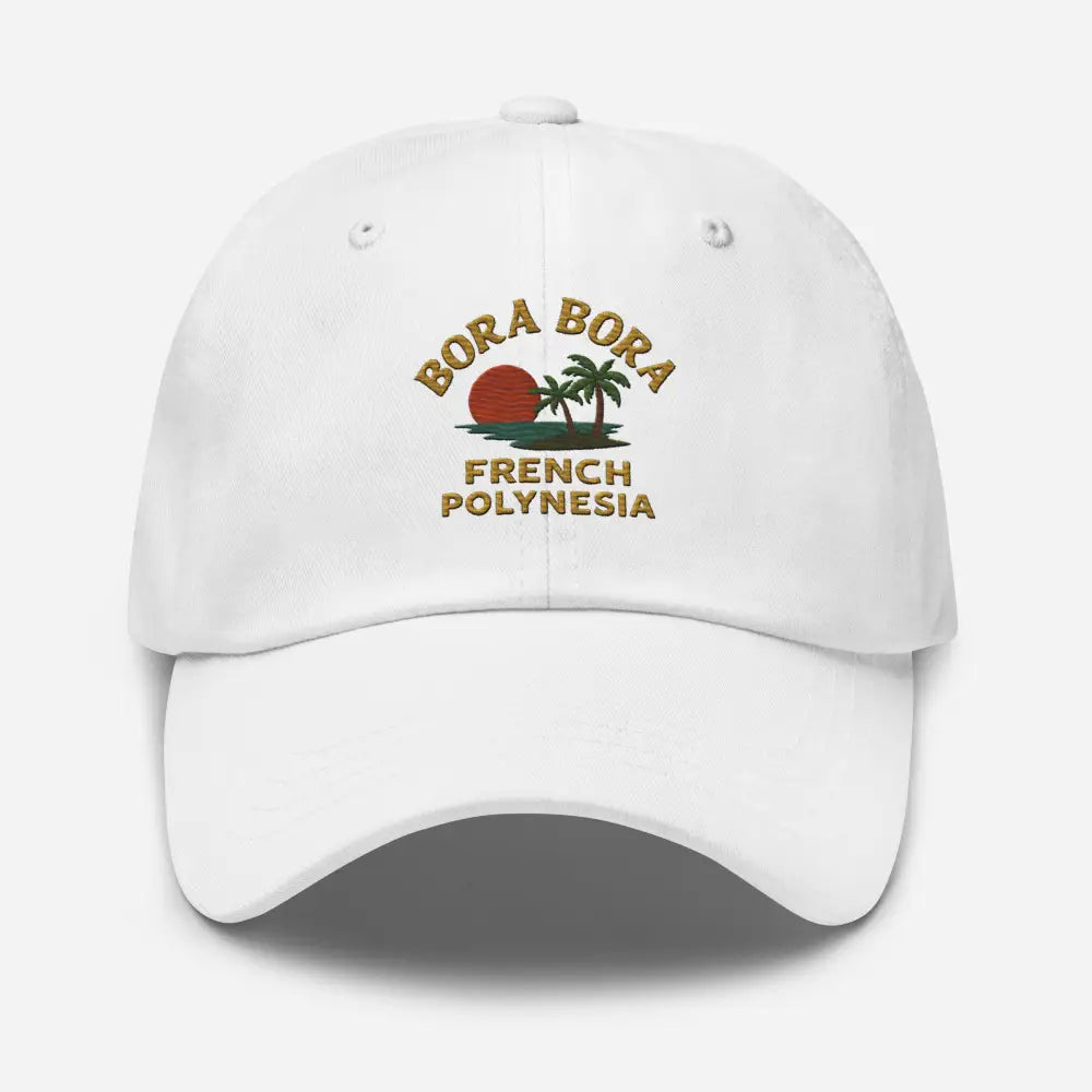 White dad hat with Bora Bora French sunset and palm tree embroidery on an embroidered corduroy cap