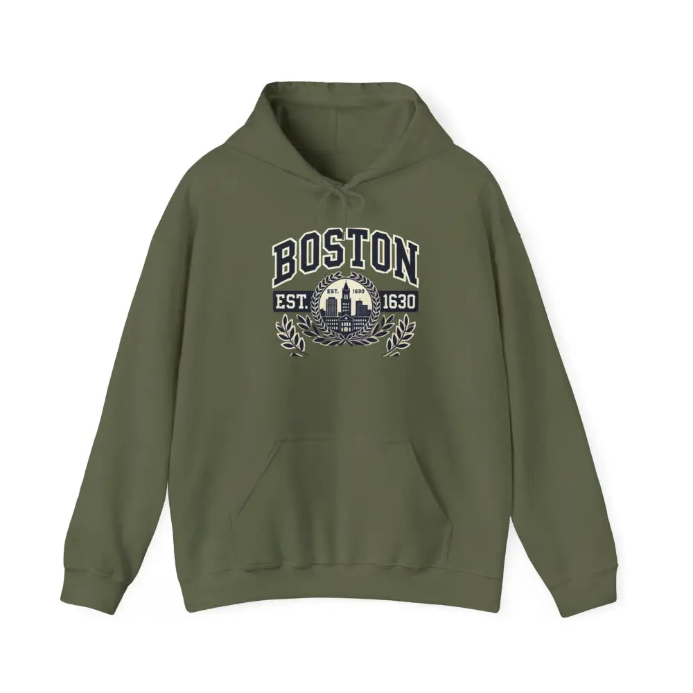 Olive green Boston graphic hoodie with skyline print