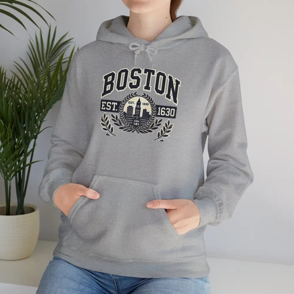 Boston graphic hoodie with gray hooded sweatshirt and Boston Est 1630 graphic