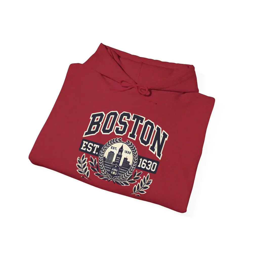 Red Boston graphic hoodie with EST 1630 print