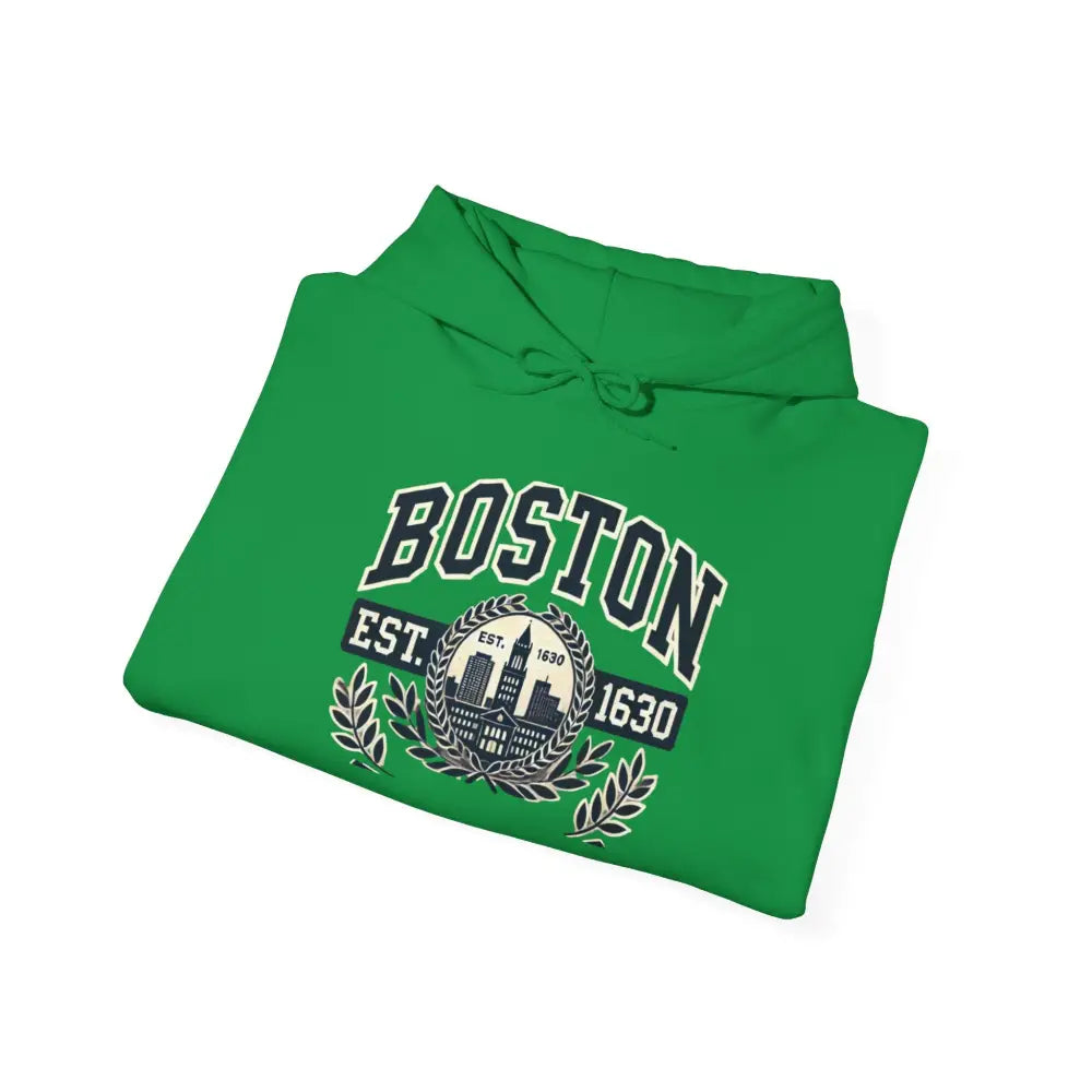 Boston graphic hoodie with EST 1630 green hooded design