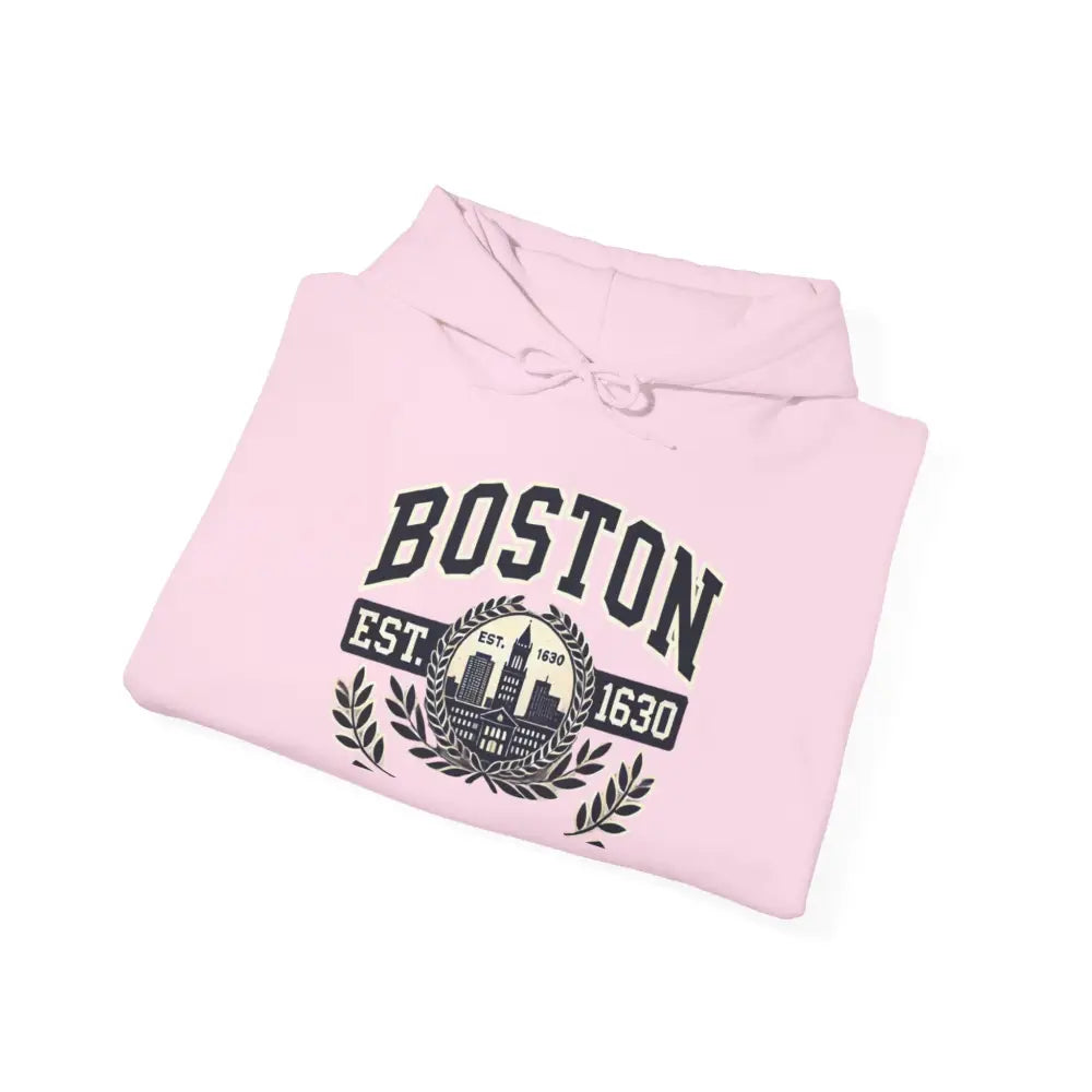 Pink Boston graphic hoodie with EST 1630 design