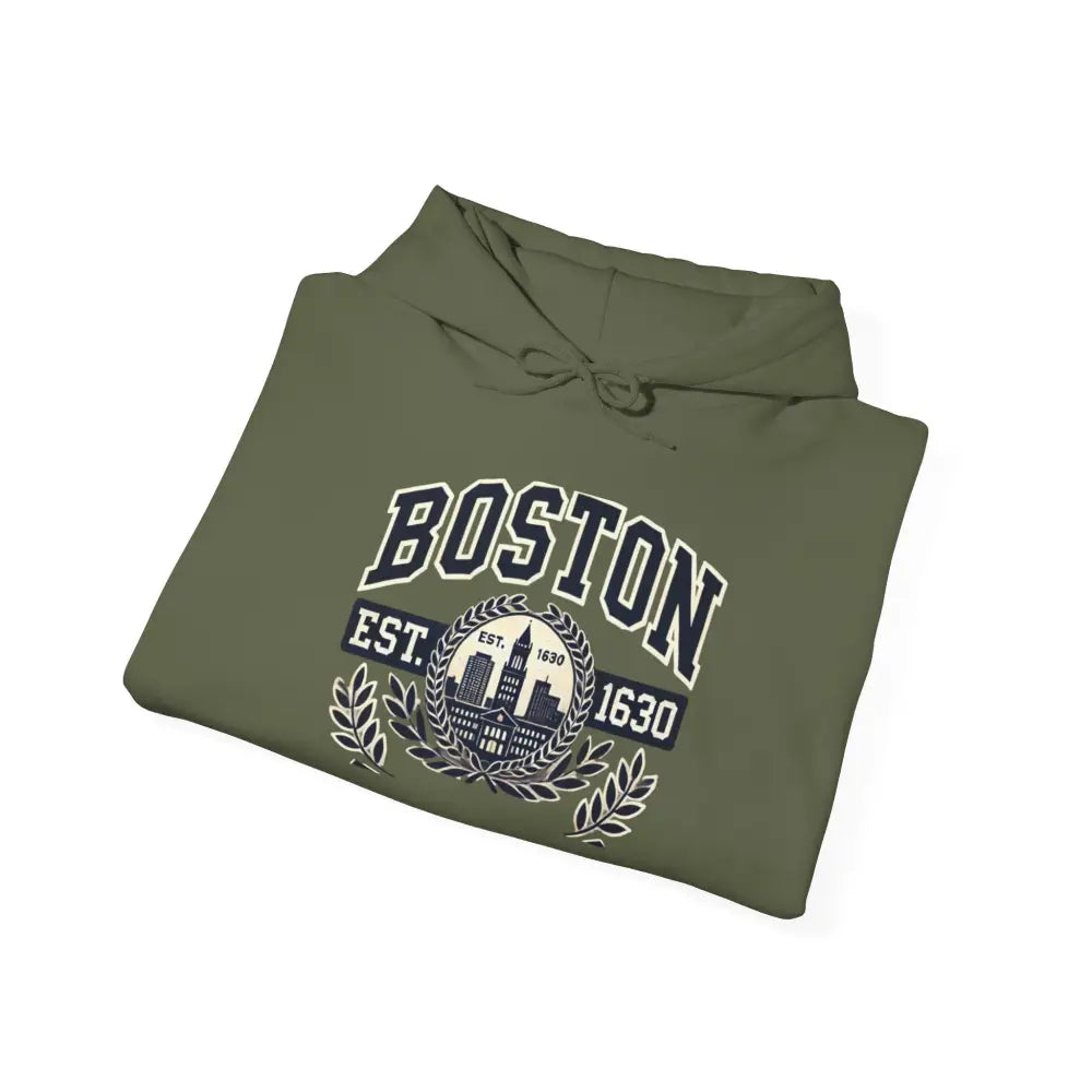 Folded olive green Boston graphic hoodie with Est 1630 design