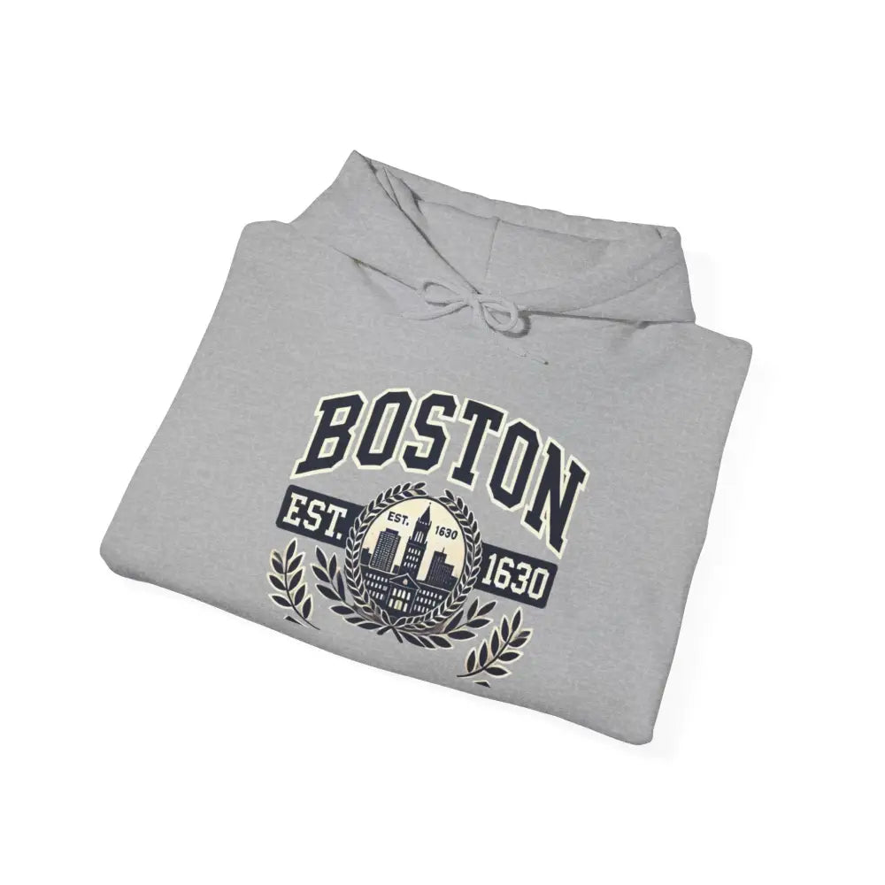 Light gray Boston graphic hoodie with EST 1630 print
