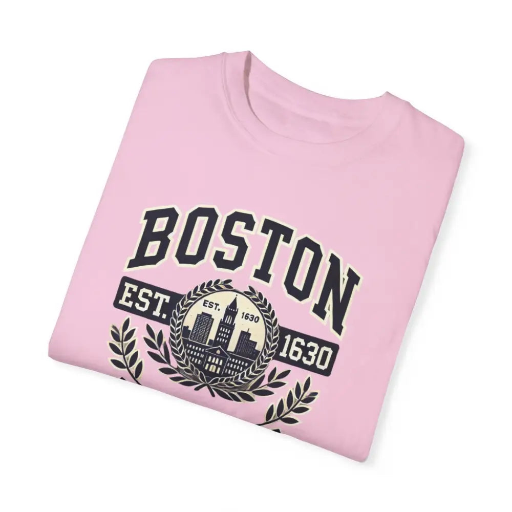 Folded light pink Trini Skies Boston Est 1630 graphic tee in classic city style