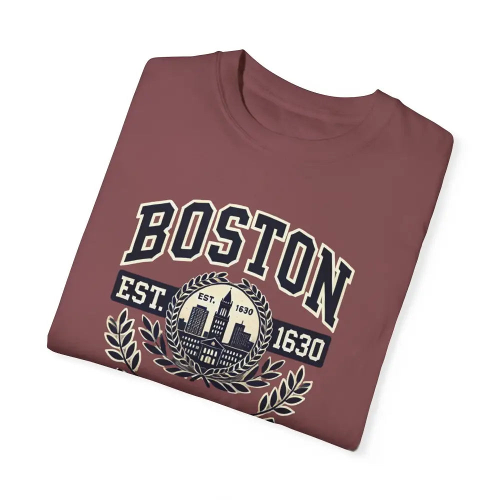 Folded maroon long-sleeve Boston Est 1630 graphic tee in classic city style