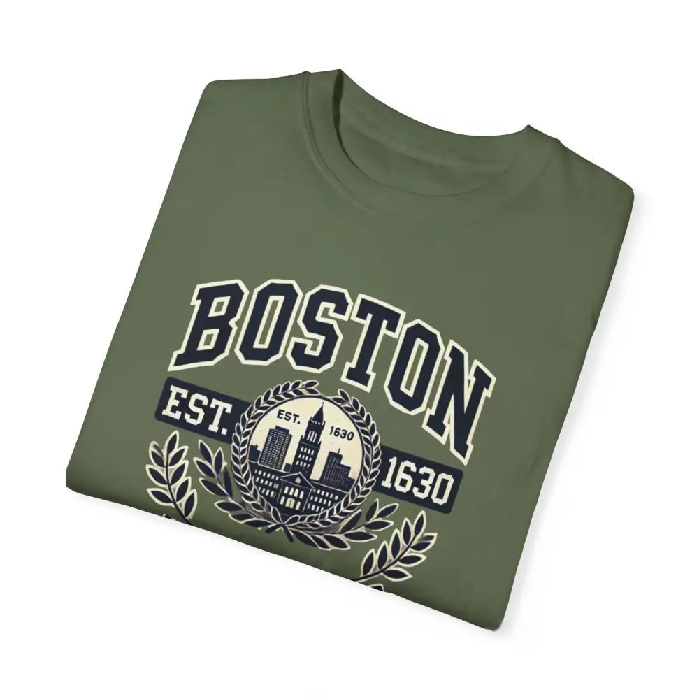Folded green short-sleeved Boston Est 1630 tee in classic city style