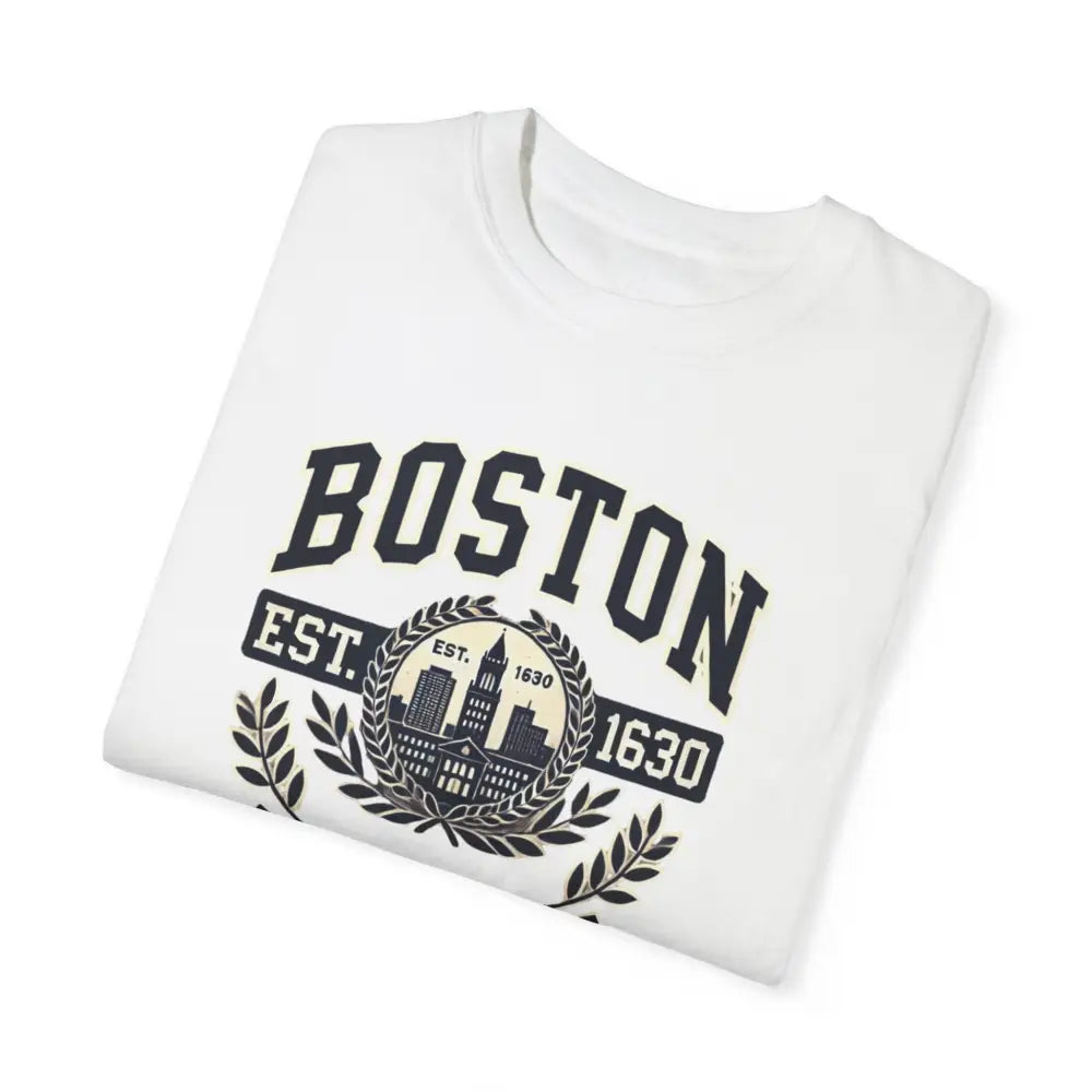 Folded white sweatshirt with Boston Est 1630 graphic in classic city style