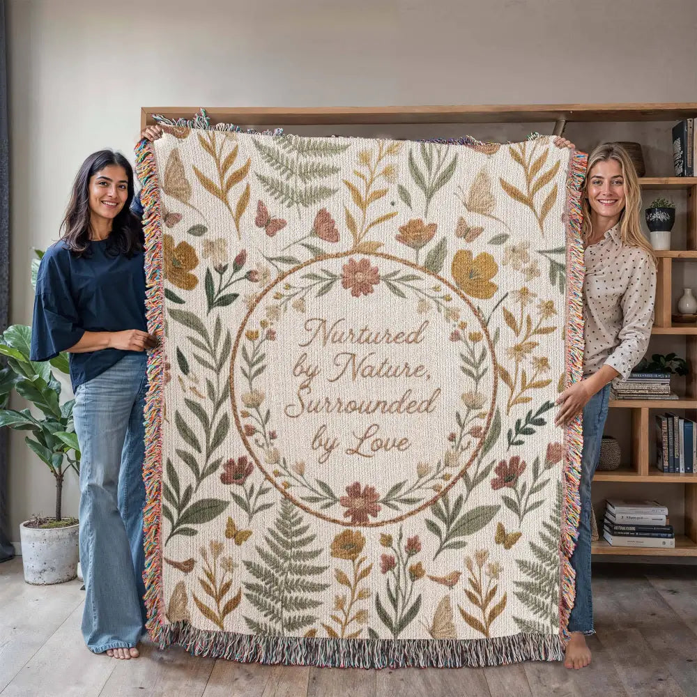 Botanical wreath woven cotton blanket with floral butterfly design and Nurtured by Nature text