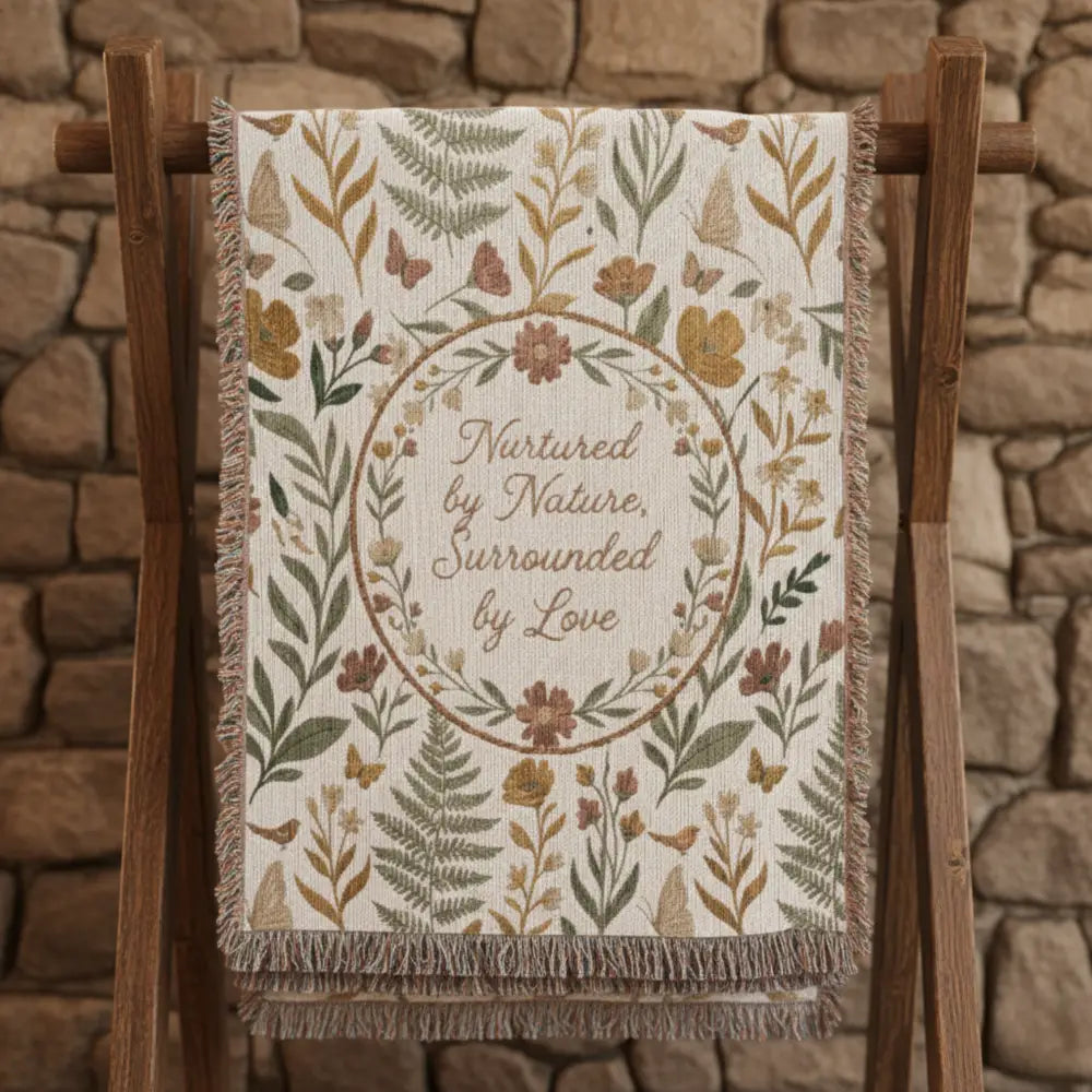 Botanical wreath woven cotton blanket with floral throw gift design