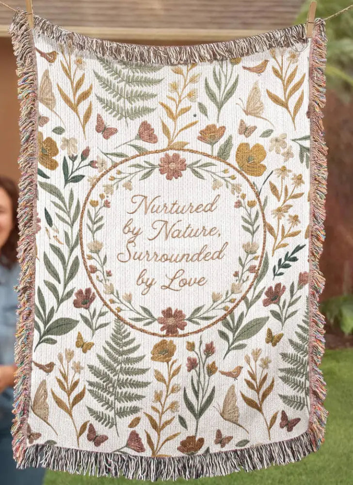 Botanical wreath woven cotton blanket with ferns, flowers, butterflies