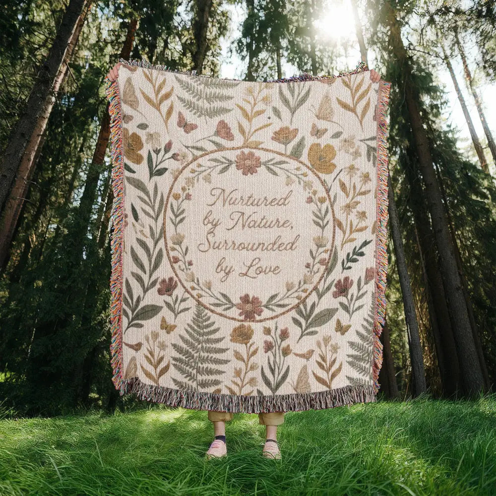 Botanical wreath woven cotton blanket with floral throw design