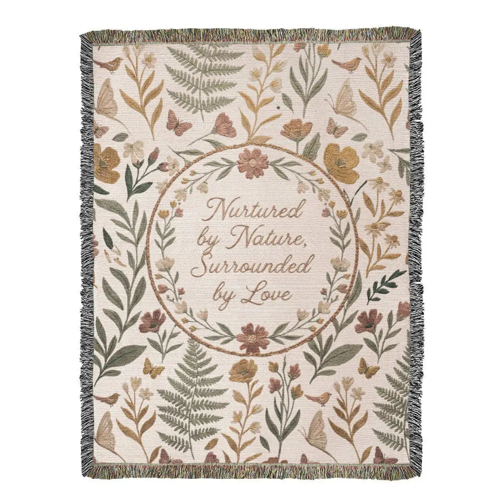 Botanical wreath woven cotton blanket with fern floral throw gift design